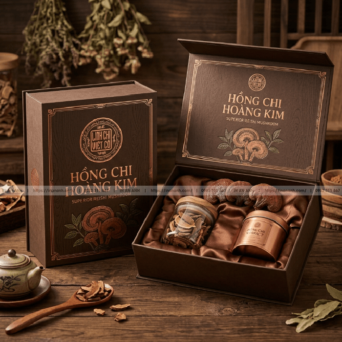 Hộp cứng đựng linh chi nam châm khay lụa nâu
