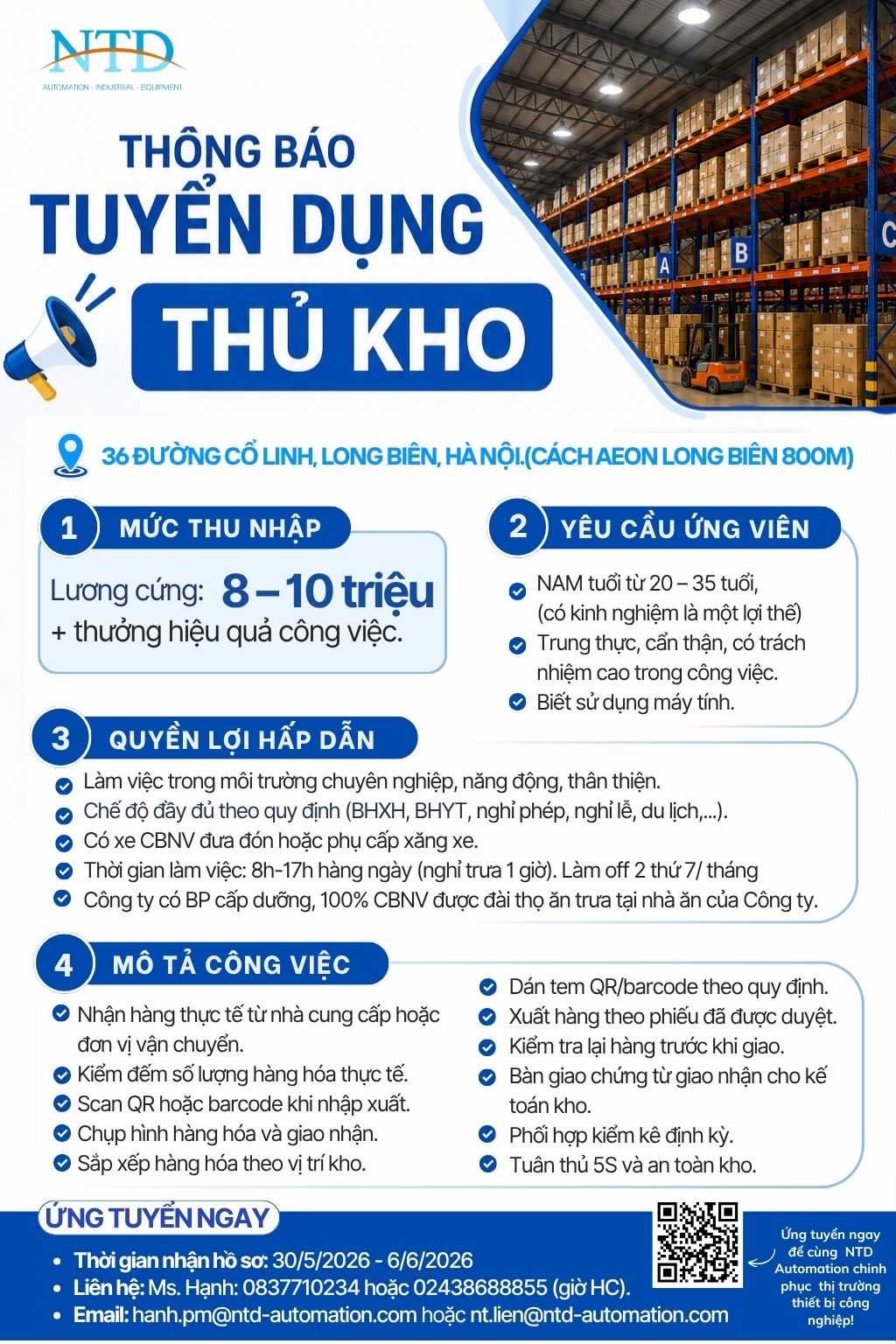 [LONG BIÊN] NTD AUTOMATIOON TUYỂN DỤNG NHÂN VIÊN THỦ KHO
