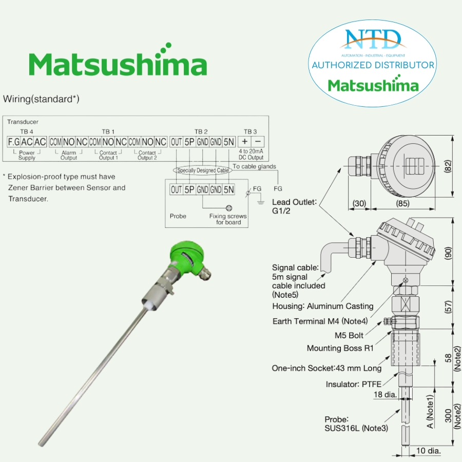 Bản vẽ kỹ thuật của cảm biến đo mức PFM-M01PEX Matsushima