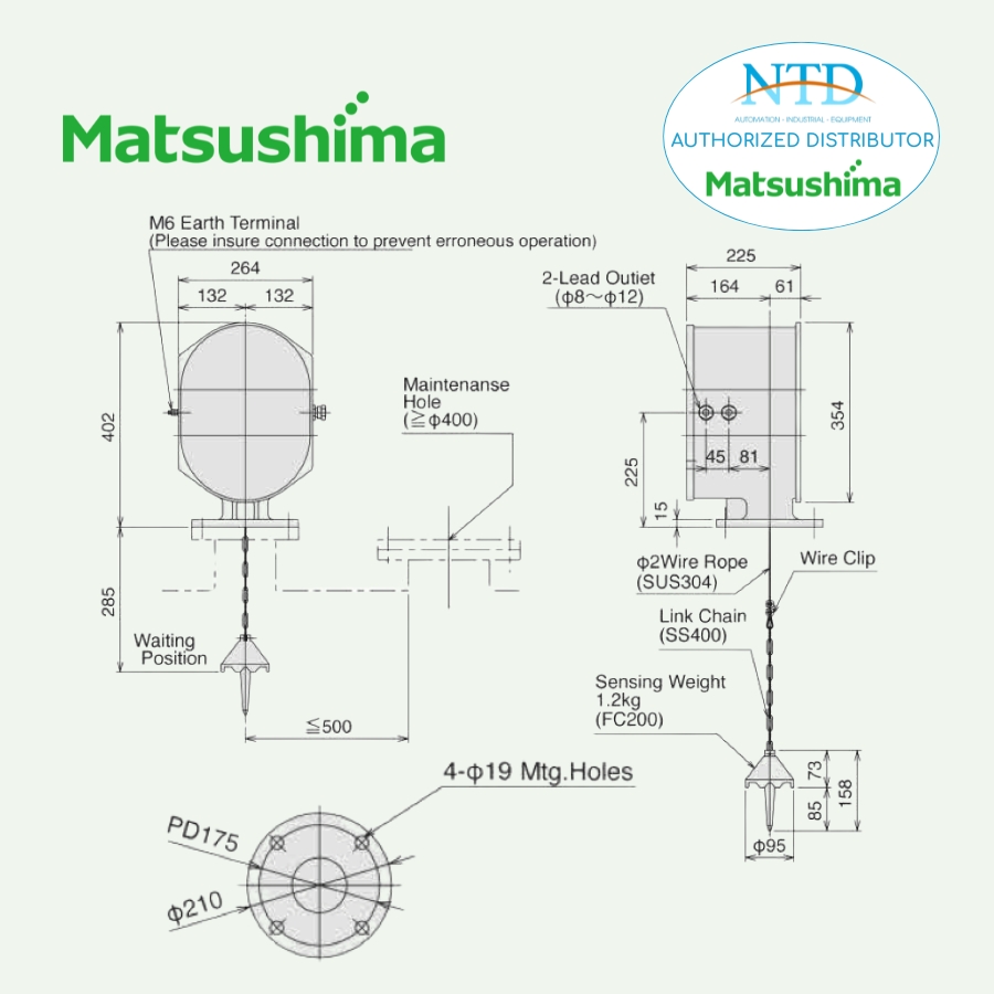 Bản vẽ kỹ thuật cảm biến đo mức Sounding V MDVC-2S2 Matsushima