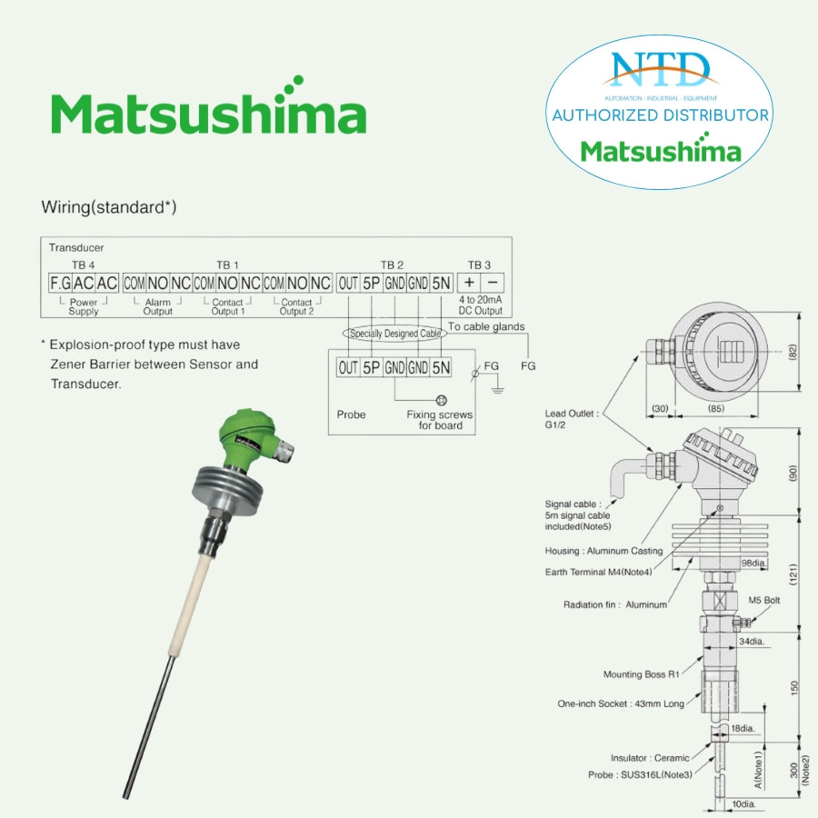 Bản vẽ kỹ thuật của cảm biến đo mức PFM-M11PT Matsushima