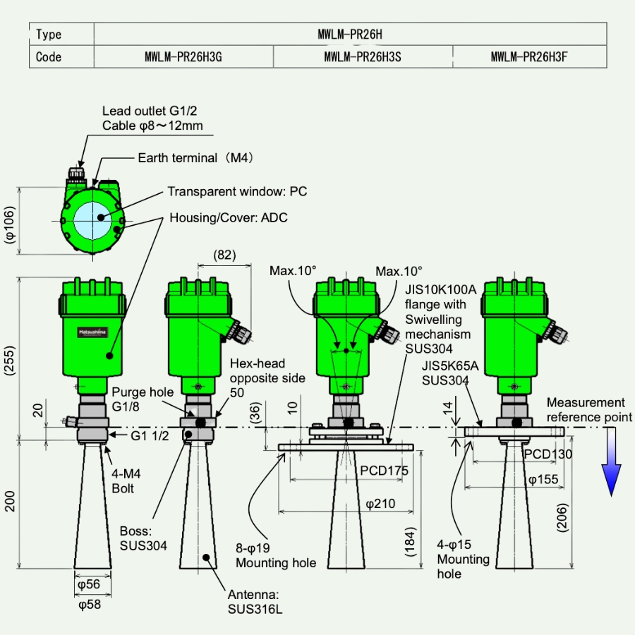 Bản vẽ kỹ thuật của cảm biến đo mức Radar MWLM-PR26H3F Matsushima