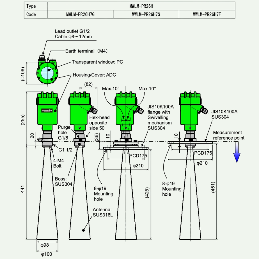 Bản vẽ kỹ thuật của cảm biến đo mức Radar MWLM-PR26H7G Matsushima