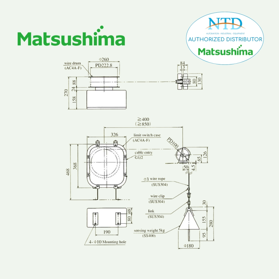 Bản vẽ kỹ thuật của thiết bị đo mức dạng Sounding M's MDMC-2S Matsushima