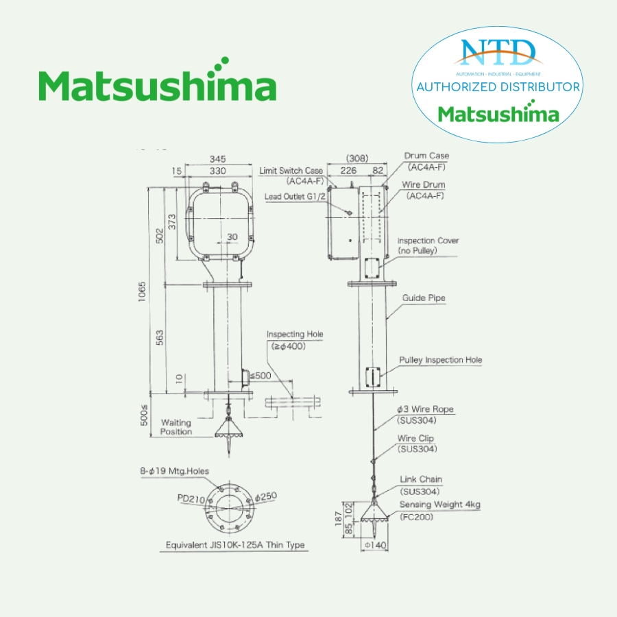 Bản vẽ kỹ thuật của thiết bị đo mức dạng Sounding M's MDMC-4S Matsushima