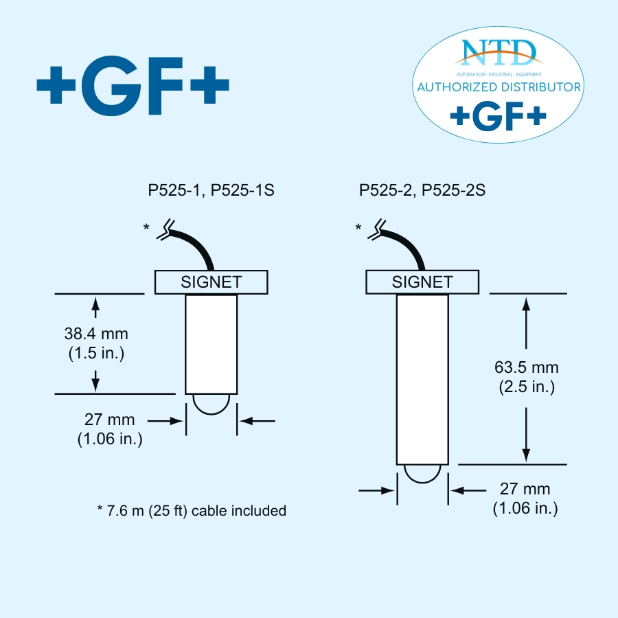 Kích thước của cảm biến lưu lượng Signet 525 Metalex GF