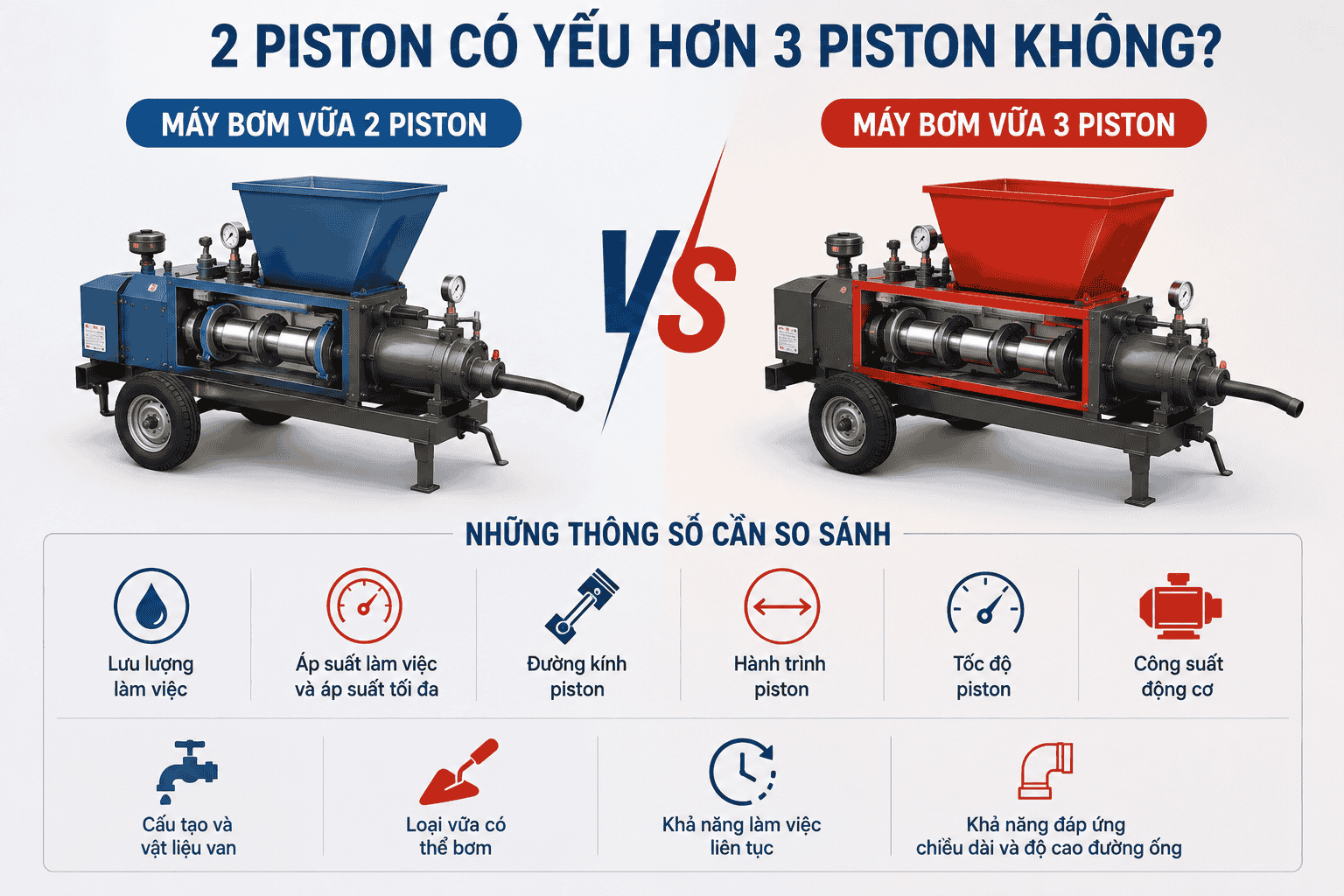 Máy Bơm Vữa 2 Piston Và 3 Piston: Khác Nhau Thế Nào?