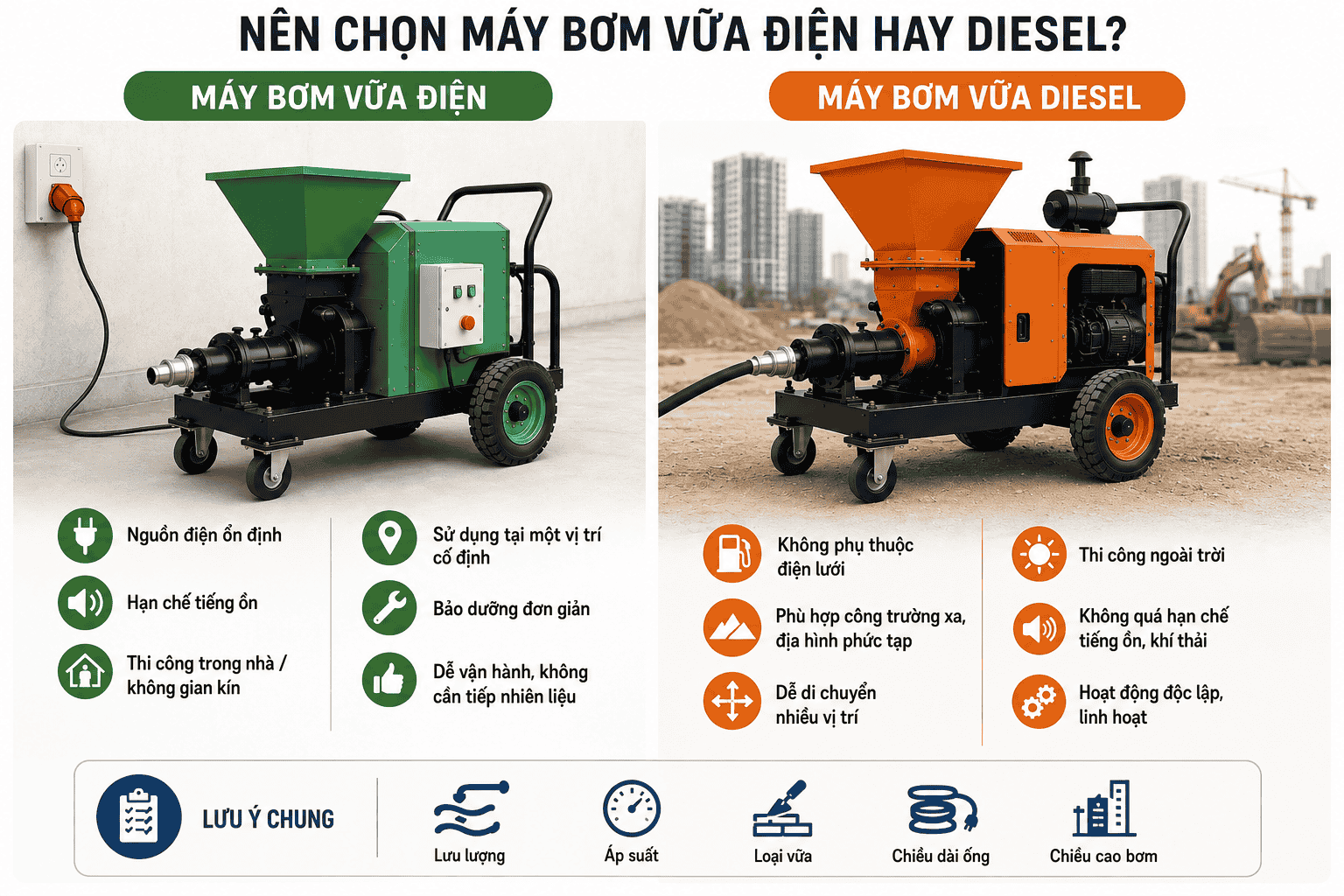 Nên Chọn Máy Bơm Vữa Điện Hay Diesel? So Sánh Ưu Nhược Điểm
