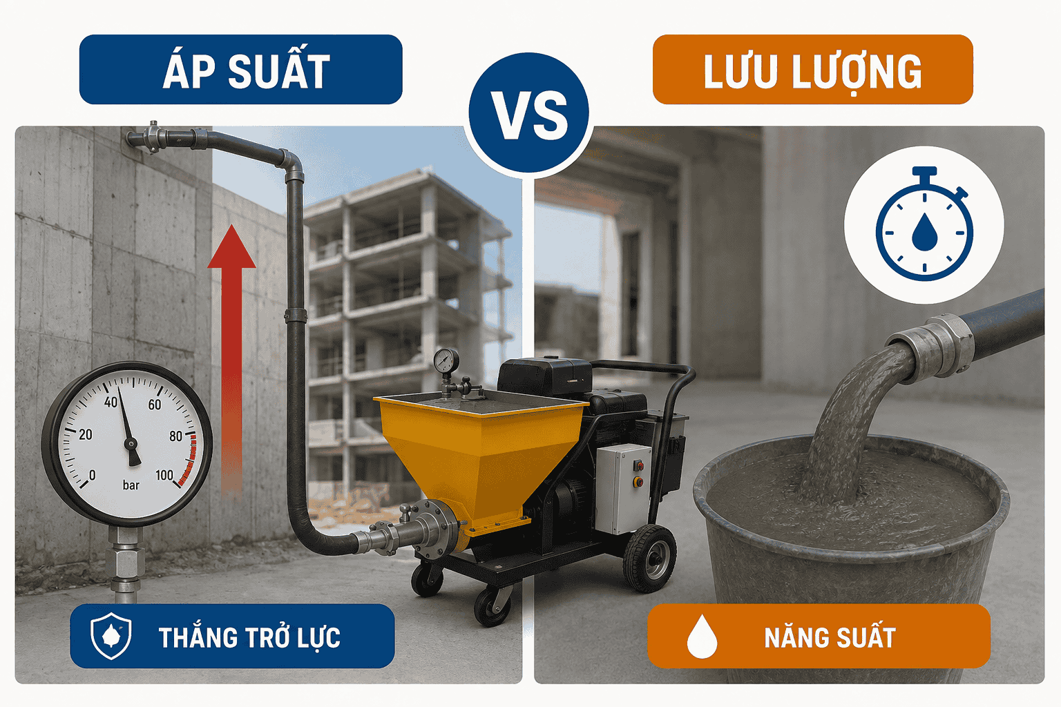 Áp suất và lưu lượng máy bơm vữa khác nhau thế nào?