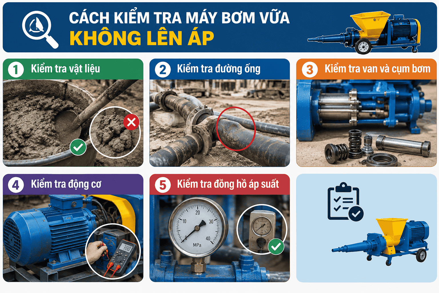 Cách kiểm tra máy bơm vữa không lên áp