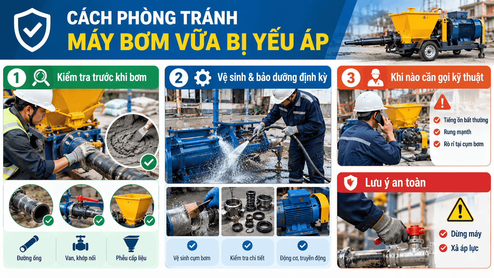 Cách phòng tránh máy bơm vữa bị yếu áp