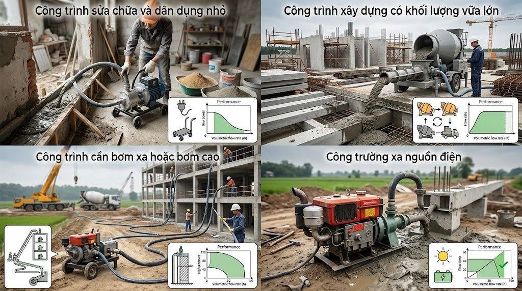 Chọn máy bơm vữa theo từng loại công trình