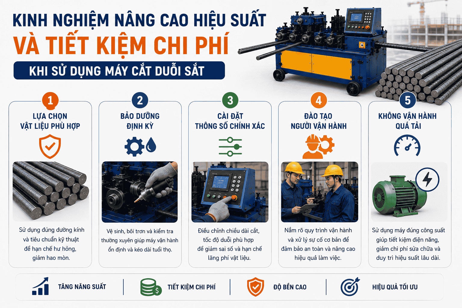 Kinh nghiệm nâng cao hiệu suất và tiết kiệm chi phí khi sử dụng máy cắt duỗi sắt