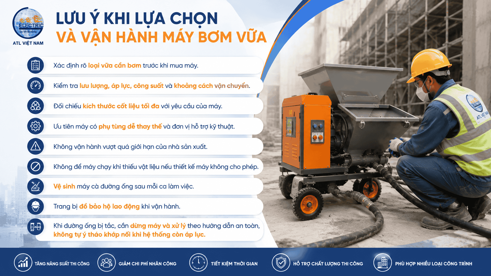 Lưu ý khi lựa chọn và vận hành máy bơm vữa
