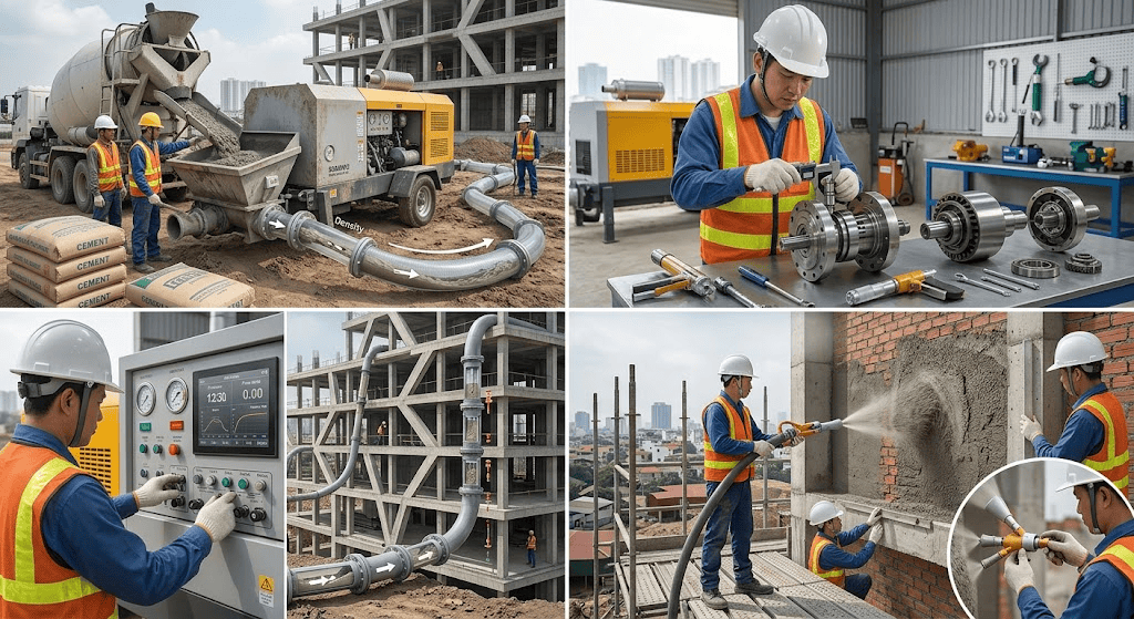 Lưu ý khi sử dụng và bảo dưỡng máy bơm phun vữa