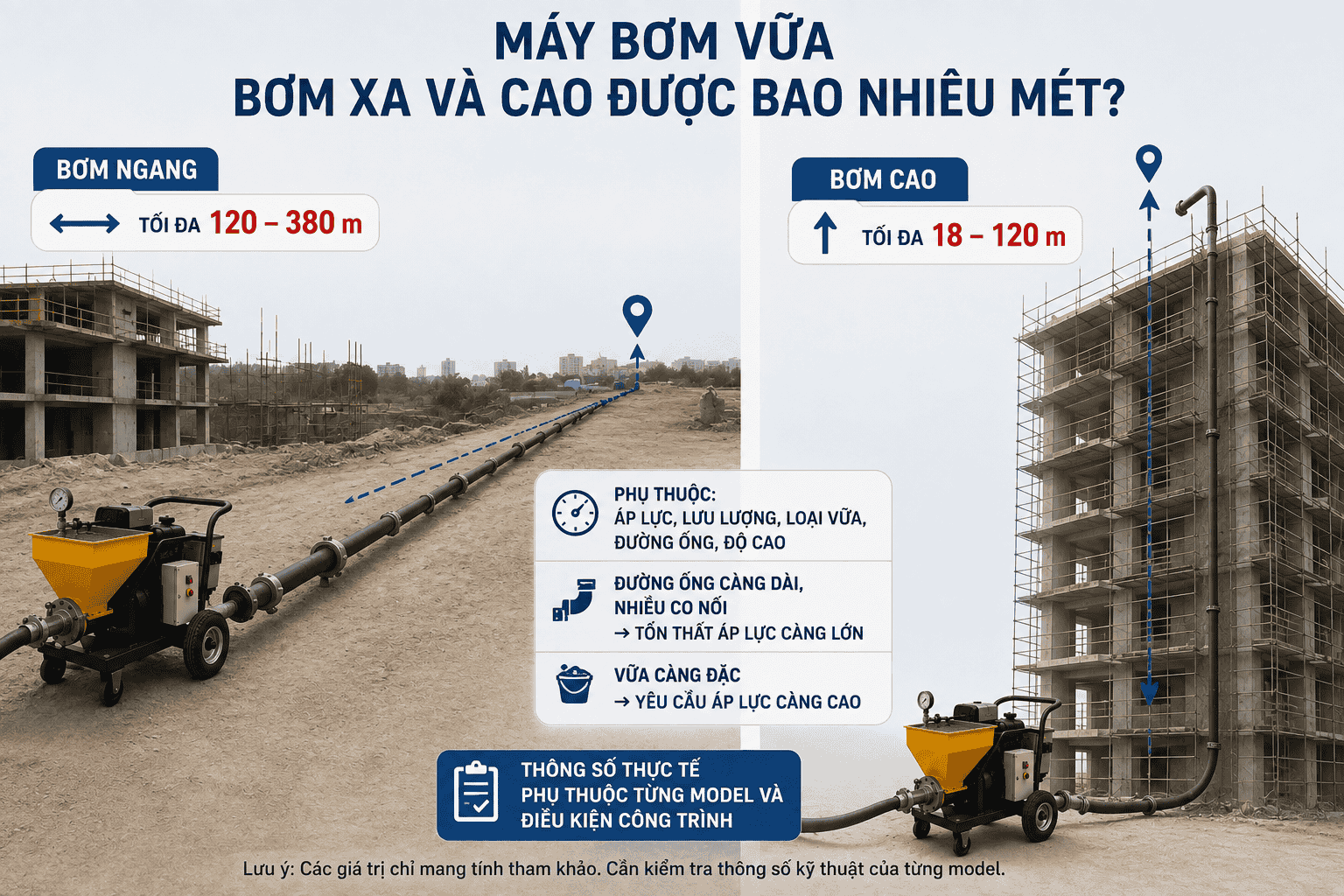 Máy bơm vữa bơm xa và cao được bao nhiêu mét?