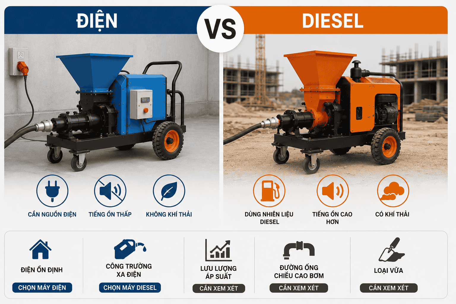 Máy bơm vữa điện và diesel khác nhau thế nào?