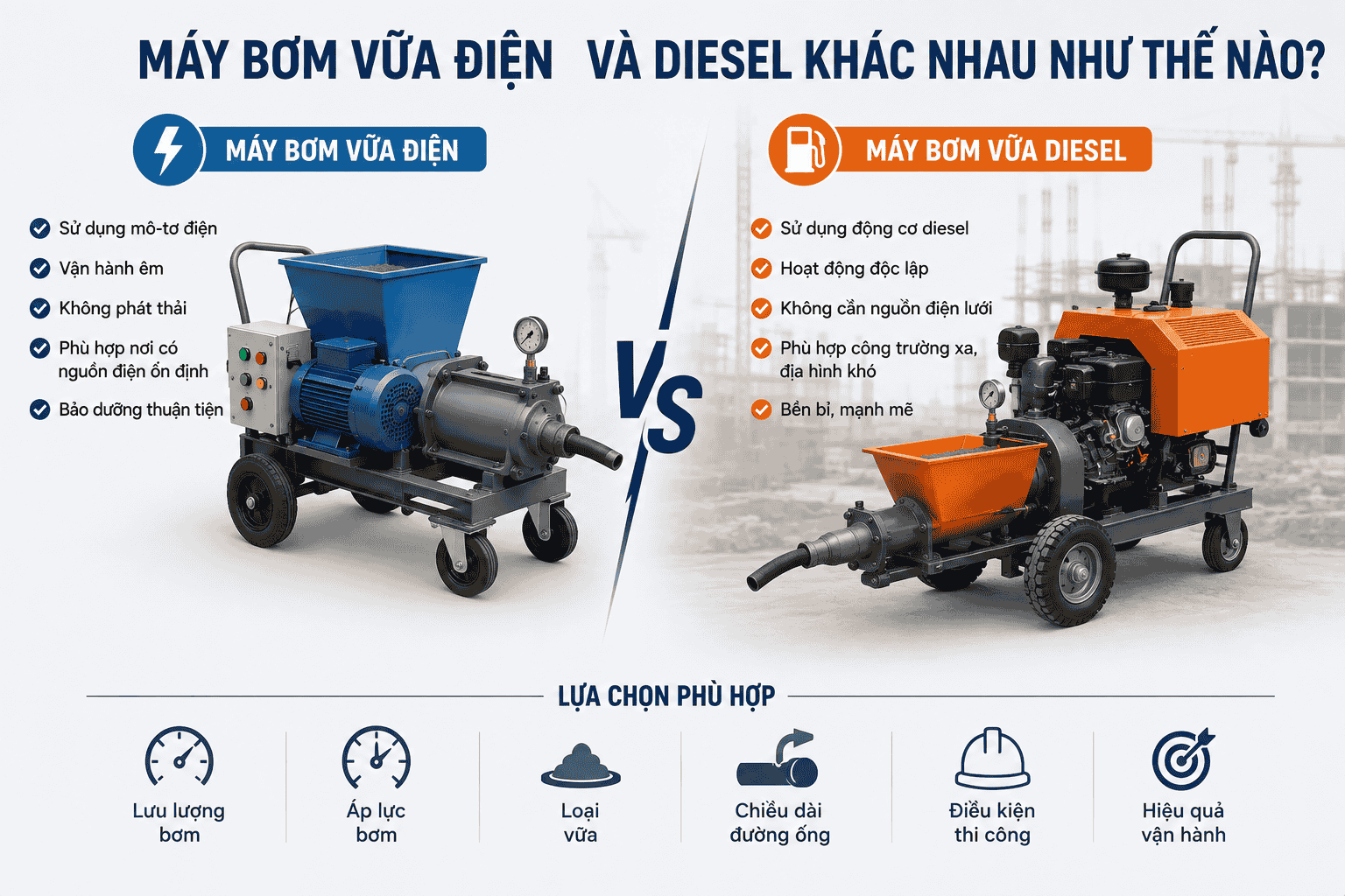 Máy bơm vữa điện và diesel khác nhau như thế nào?