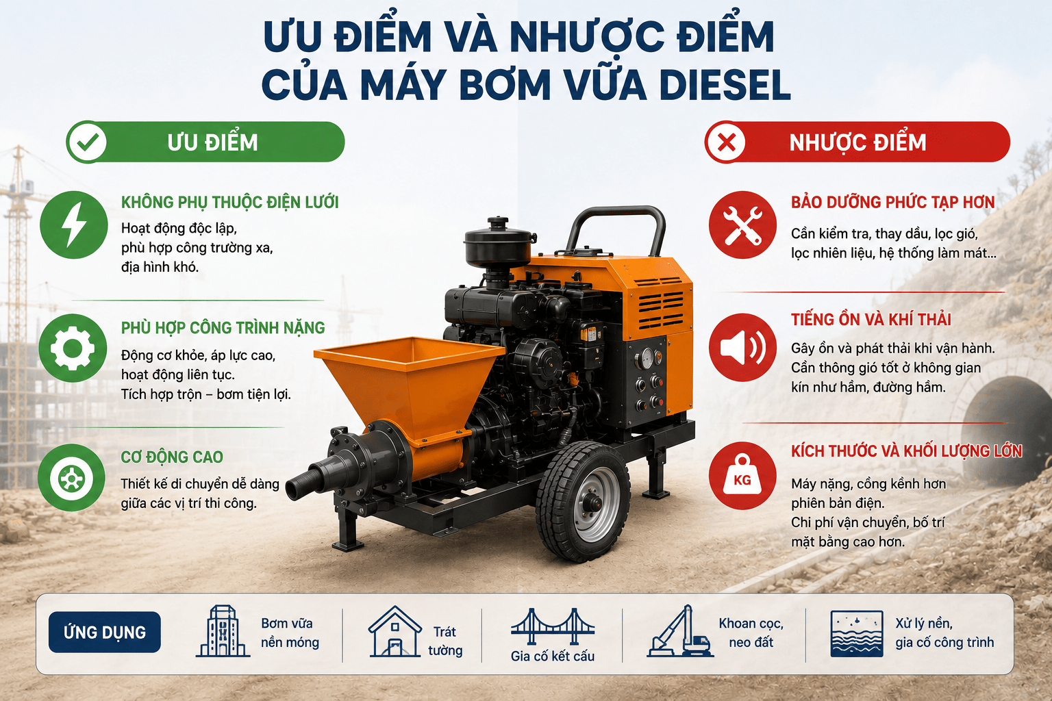 Ưu điểm và nhược điểm của máy bơm vữa diesel
