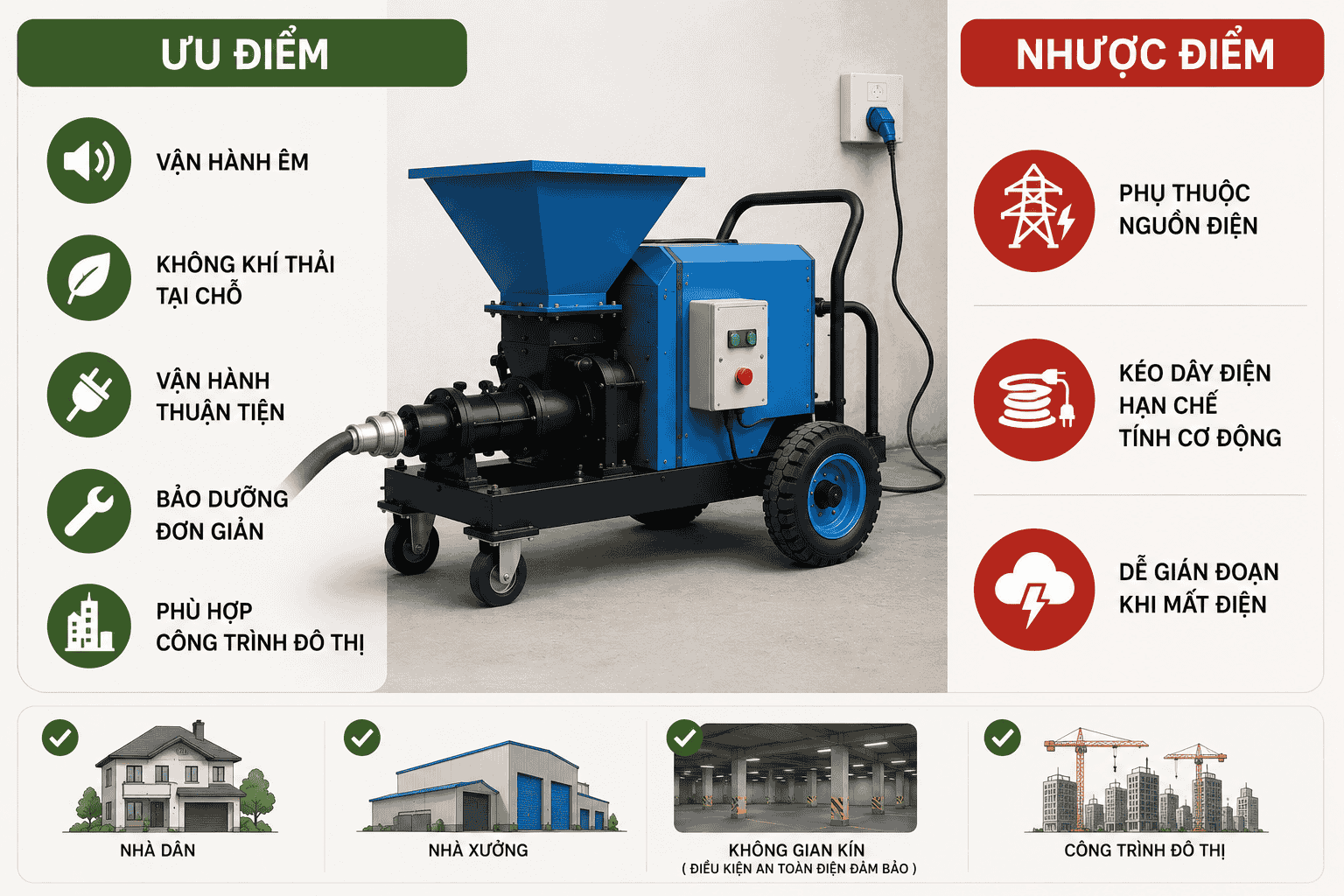 Ưu nhược điểm của máy bơm vữa điện