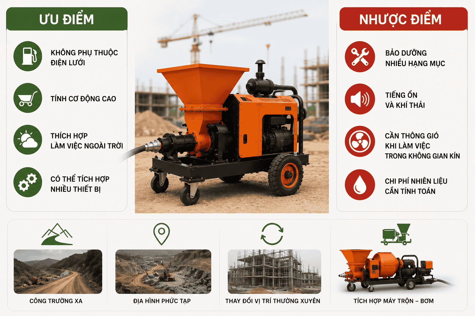 Ưu nhược điểm của máy bơm vữa diesel