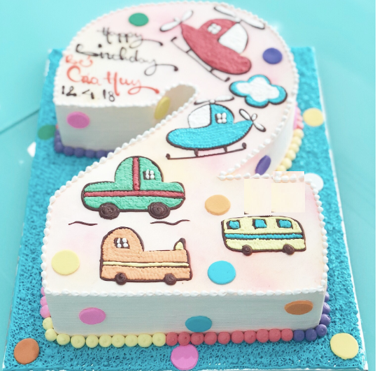 Bánh sinh nhật tạo hình số 2 vẽ xe và máy bay đa sắc cho bé Xuân Phúc   Bánh Kem Ngộ Nghĩnh