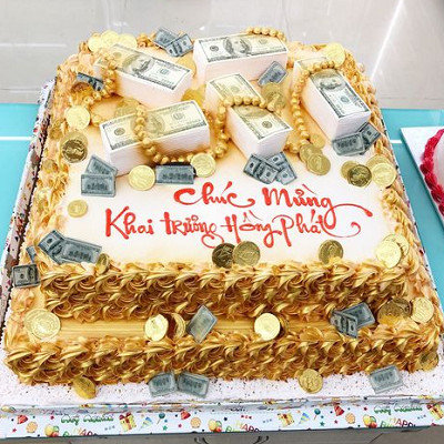 Bánh sinh nhật vuông 2 tàng vàng đồng trang trí chuỗi vàng dòng $ tiengf Dollar