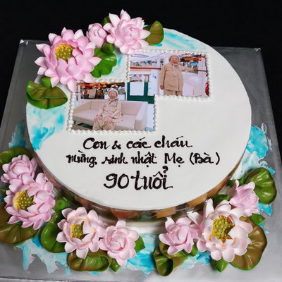 Bánh kem bắt bông hoa & in ảnh tặng sinh nhật ông bà