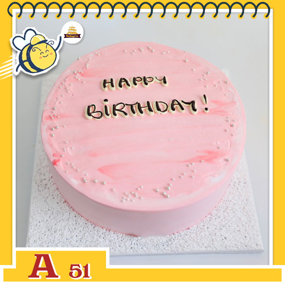 Bánh kem sinh nhật đơn giản A51 hồng mơ mộng chữ trắng rải bi quanh viền