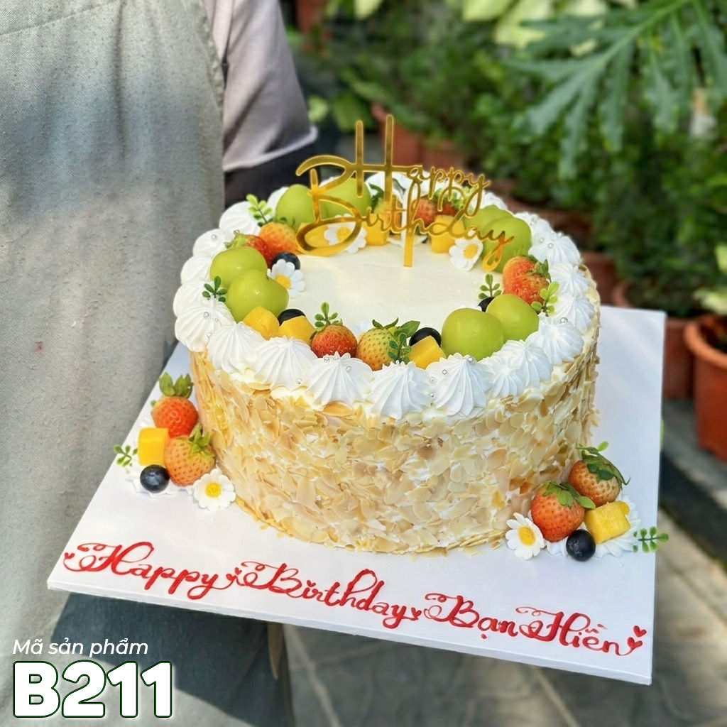Bánh kem bắp B211 phủ hạnh nhân trái cây tươi rực rỡ