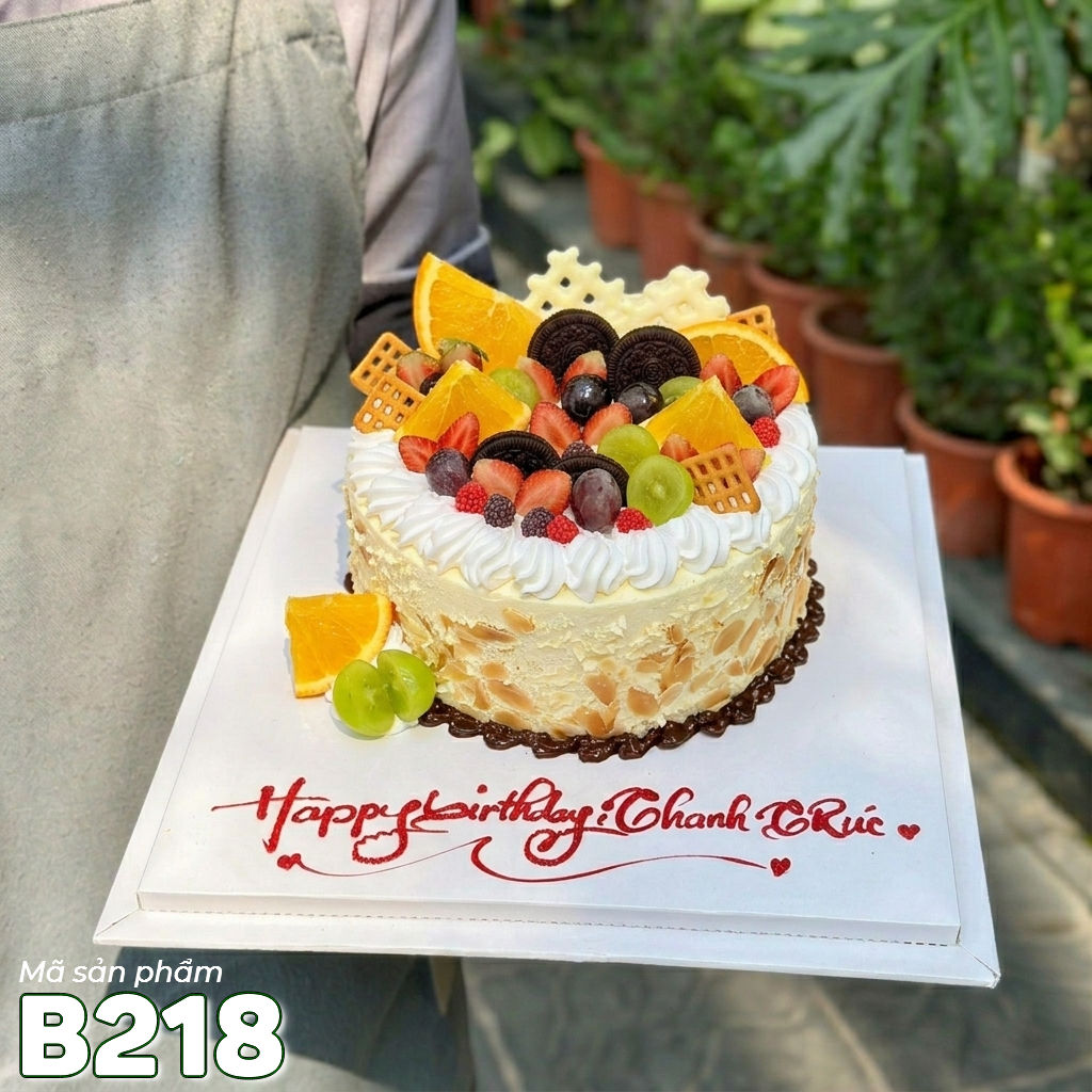 Bánh kem bắp B218 đế socola mix trái cây và bánh quy Oreo