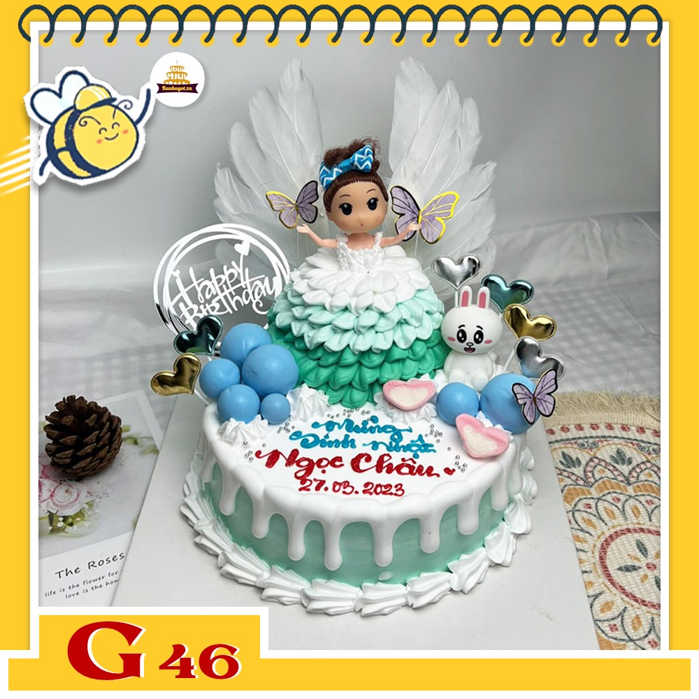 Bánh kem bé gái G46 búp bê xanh đôi cánh thiên thần