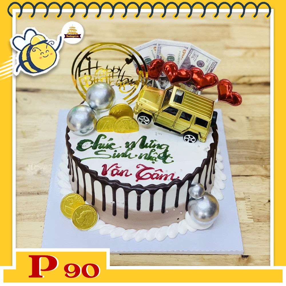 Bánh kem bé trai P90 ô tô tiền bạc đầy túi