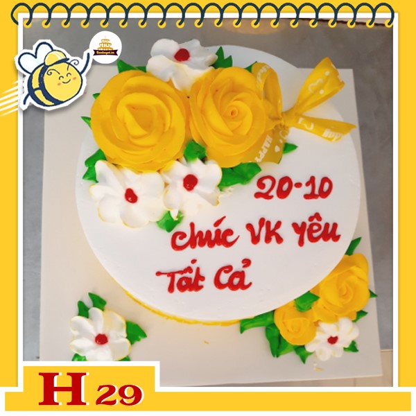 Bánh kem phụ nữ 20/10 H29 nền trắng bắt hoa vàng trắng tươi tắn rực rỡ cho mẹ, vợ, bạn gái