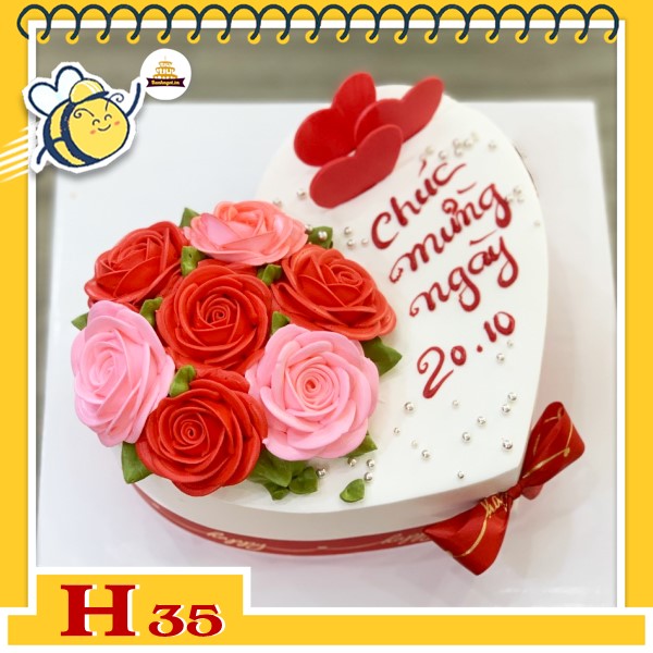 Bánh kem phụ nữ 20/10 H35 trái tim trắng bắt nhiều đóa hoa xinh ở nửa bên