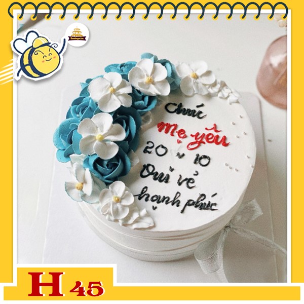 Bánh kem phụ nữ 20/10 H45 nền trắng hoa màu xang và trắng xinh xinh đáng yêu