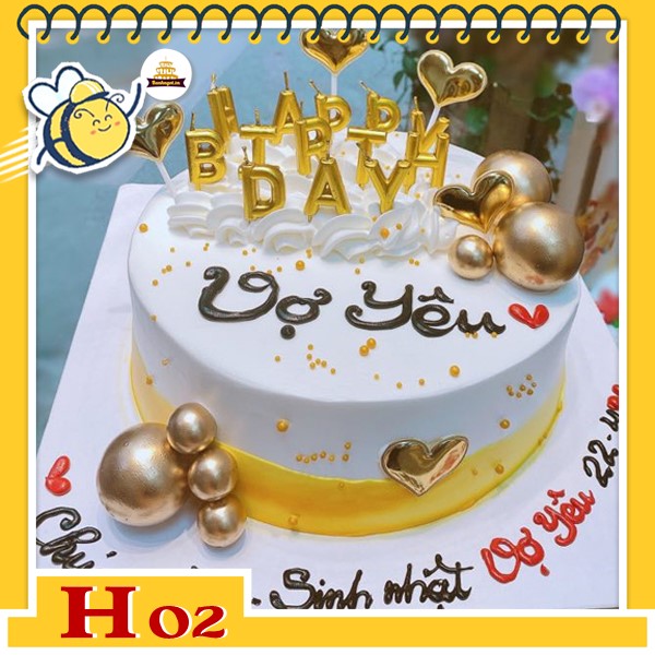 Bánh kem tặng người yêu H02 màu vàng trắng cắm phụ kiện nến và bi sang trọng
