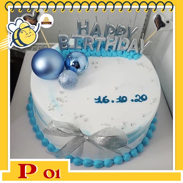 Bánh kem bé trai P01 cắm phụ kiện đơn giản tông màu xanh dương yêu thích của bé trai