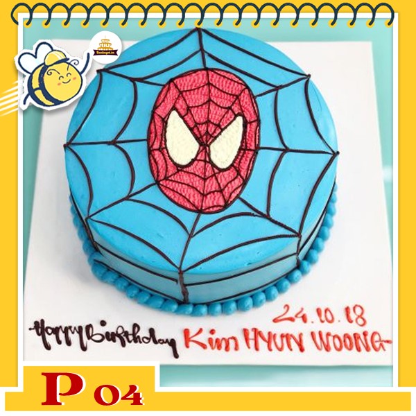Bánh kem bé trai P04 nền xanh vẽ lưới nhện và mặt spider man màu đỏ siêu độc lạ