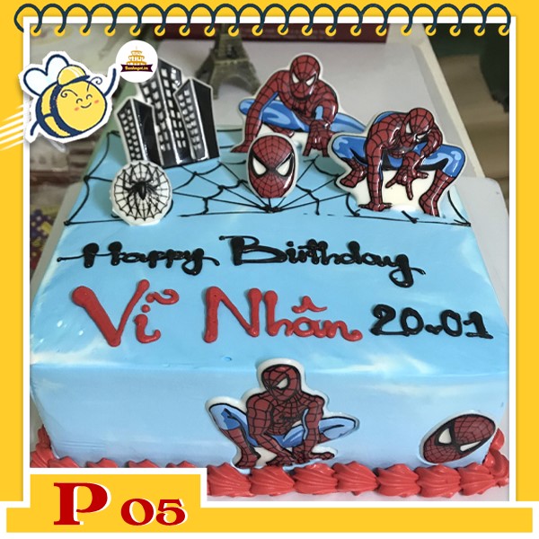 Bánh kem bé trai P05 vuông nền xanh trang trí nhiều sticker người nhện spider man