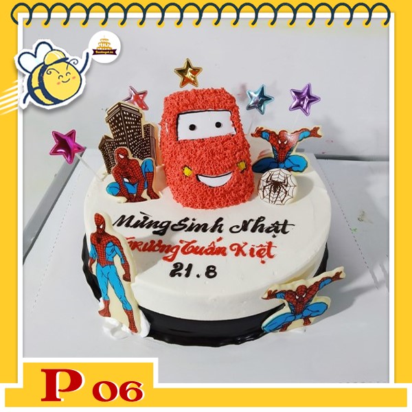 Bánh kem bé trai P06 kết hợp xe ô tô đỏ dễ thương và người nhện spider man siêu ngầu