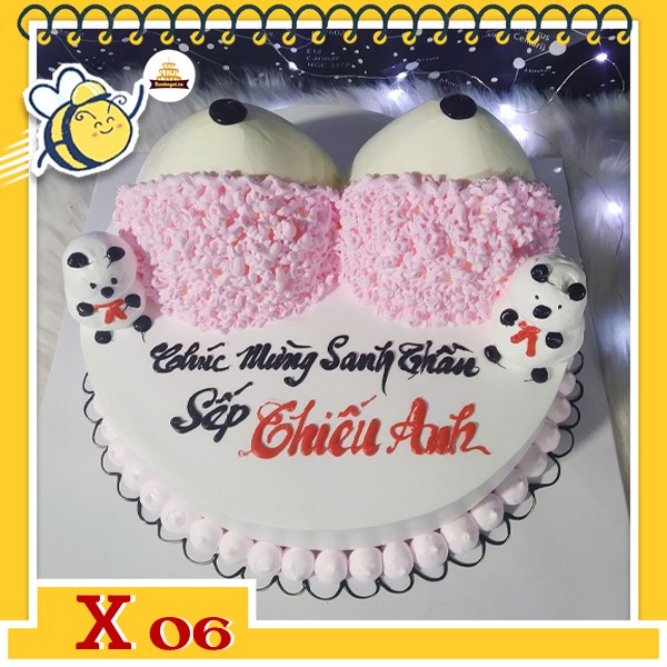 Bánh kem bựa hài hước 18+ X06 hình núi đôi màu hồng trên nền bánh trắng