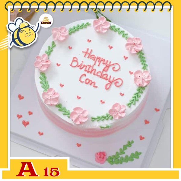 Bánh kem sinh nhật đơn giản A15 màu trắng viền vòng hoa màu hồng xanh nữ tính ngọt ngào