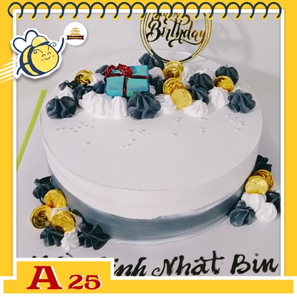 Bánh kem sinh nhật đơn giản A25 màu trắng trang trí nhiều kem màu vàng trắng xám và đồng xu