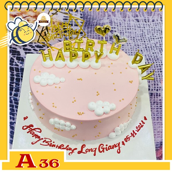 Bánh kem sinh nhật đơn giản A36 nền màu hồng tạo hình đám mây và nhiều phụ kiện bộ nến khung sinh nhật