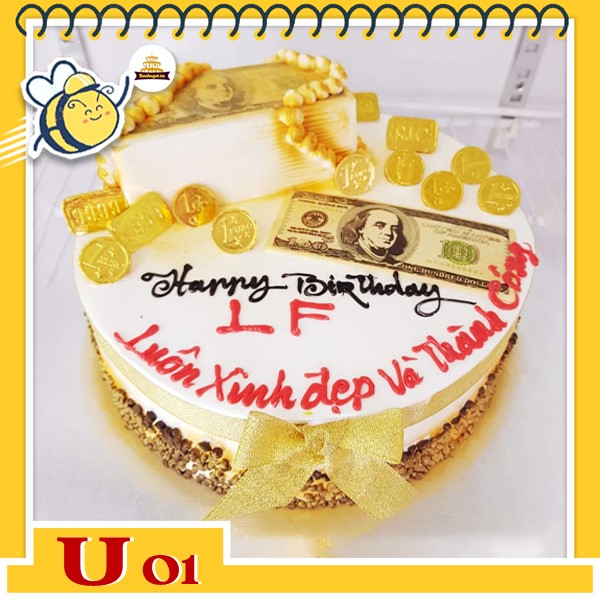 Bánh kem hũ vàng tiền đô U01 tròn nền trắng cắm nhiều tiền đô vàng xu sang quý