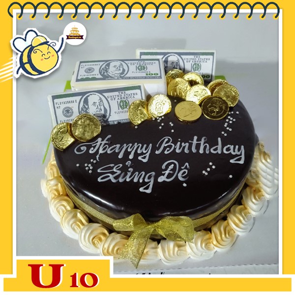 Bánh kem hũ vàng tiền đô U10 phủ socola đen mặt bánh cắm nhiều tờ tiền bằng socola