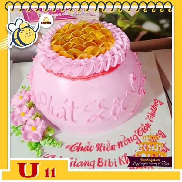 Bánh kem hũ vàng tiền đô U11 màu hồng độc đáo trang trí thêm đóa hoa hồng xinh