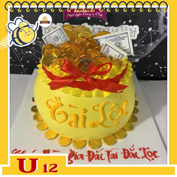 Bánh kem hũ vàng tiền đô U12 to đẹp sang trọng nơ đỏ nhiều xu vàng