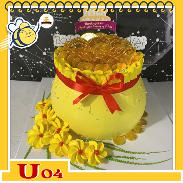 Bánh kem hũ vàng tiền đô U04 cao to bắt nhiều đó hoa vàng ở đế bánh